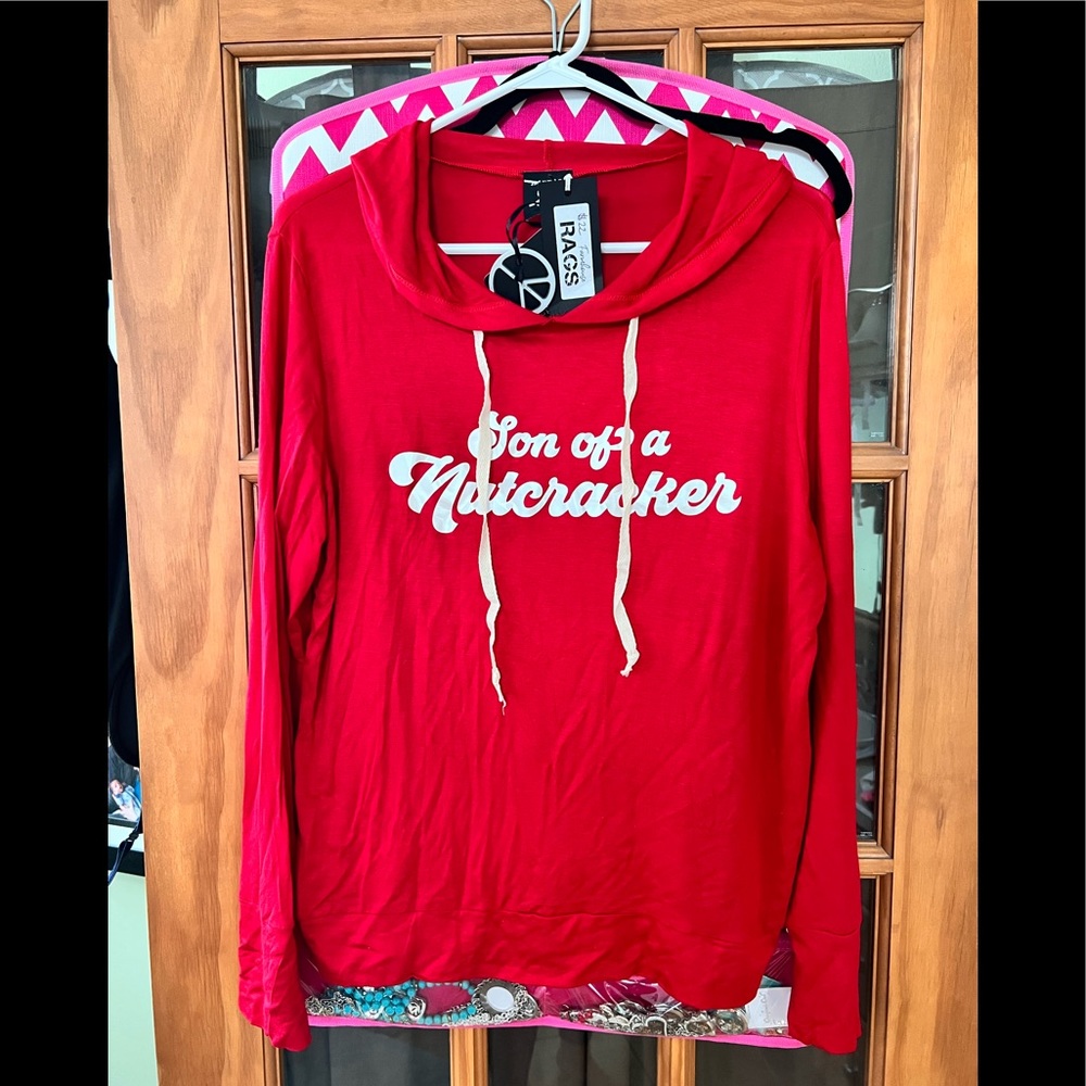 Womens Large long sleeve tee with hood - Son of a Nutcracker